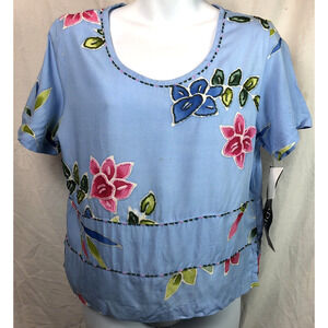 Nwt Paradiso Top S Blue Hand Painted Floral Beaded Scoop neck Art Beach Tropical